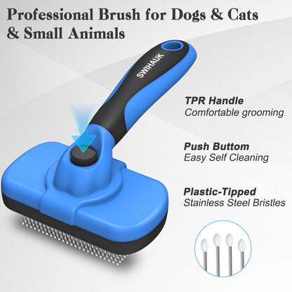 Swihauk Self Cleaning Slicker Brush - Skin Friendly Deshedding Grooming Tool for Dogs & Cats, Suitable for Shedding & Haired Pets, with Pet Supplies Accessories, Blue