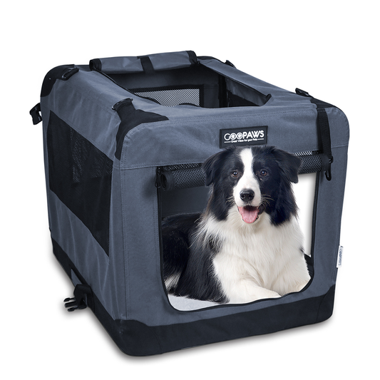 JESPET Soft Pet Crates Kennel, 3 Door Soft Sided Folding Travel Pet Carrier with Straps and Fleece Mat for Dogs, Cats, Rabbits, Indoor/Outdoor Use with Grey, Blue & Beige, Black