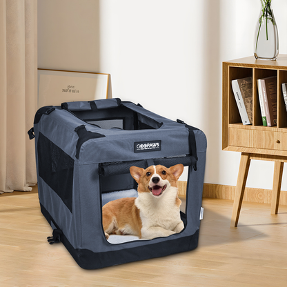 JESPET Soft Pet Crates Kennel, 3 Door Soft Sided Folding Travel Pet Carrier with Straps and Fleece Mat for Dogs, Cats, Rabbits, Indoor/Outdoor Use with Grey, Blue & Beige, Black