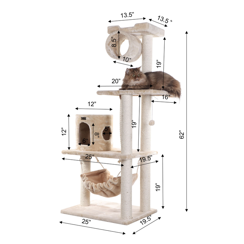 Real Wood 62" Cat tree With Scratch posts, Hammock for Cats