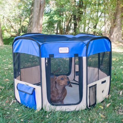Armarkat Portable Pet Playpen In Blue and Beige Combo